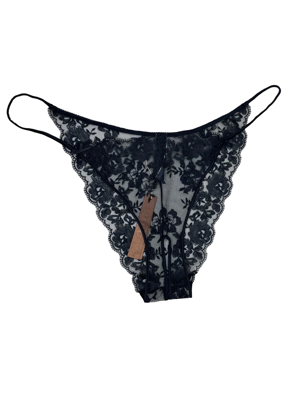 NWT Skims Embroidered Lingerie Crotchless Onyx Micro String Bikini Sz L